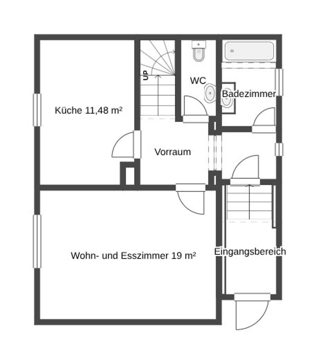 Grundriss des Erdgeschosses mit Küche, Wohn- und Esszimmer sowie Bad und WC.