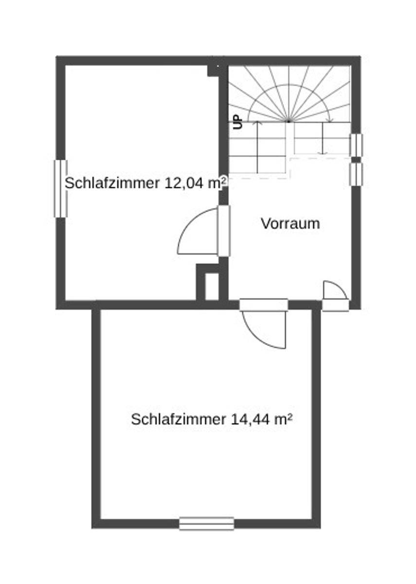 Grundriss des Obergeschosses mit zwei Schlafzimmern und Treppenaufgang.