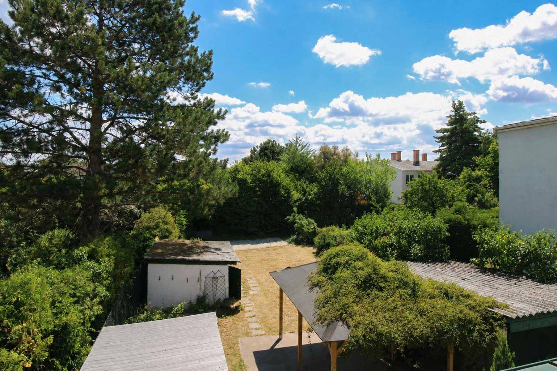 Blick von oben auf den Garten mit Bäumen, Schuppen und Carport.