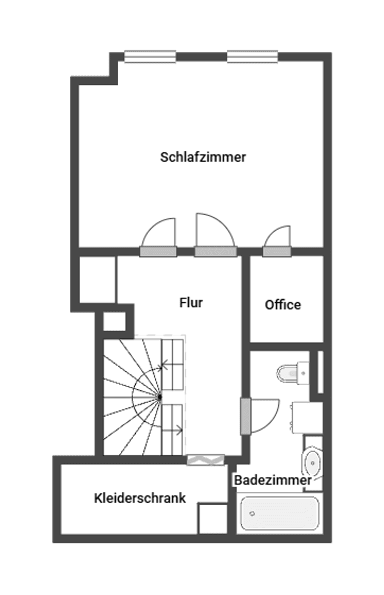 Grundriss des Obergeschosses mit Schlafzimmer, Büro, Badezimmer und integriertem Kleiderschrank.