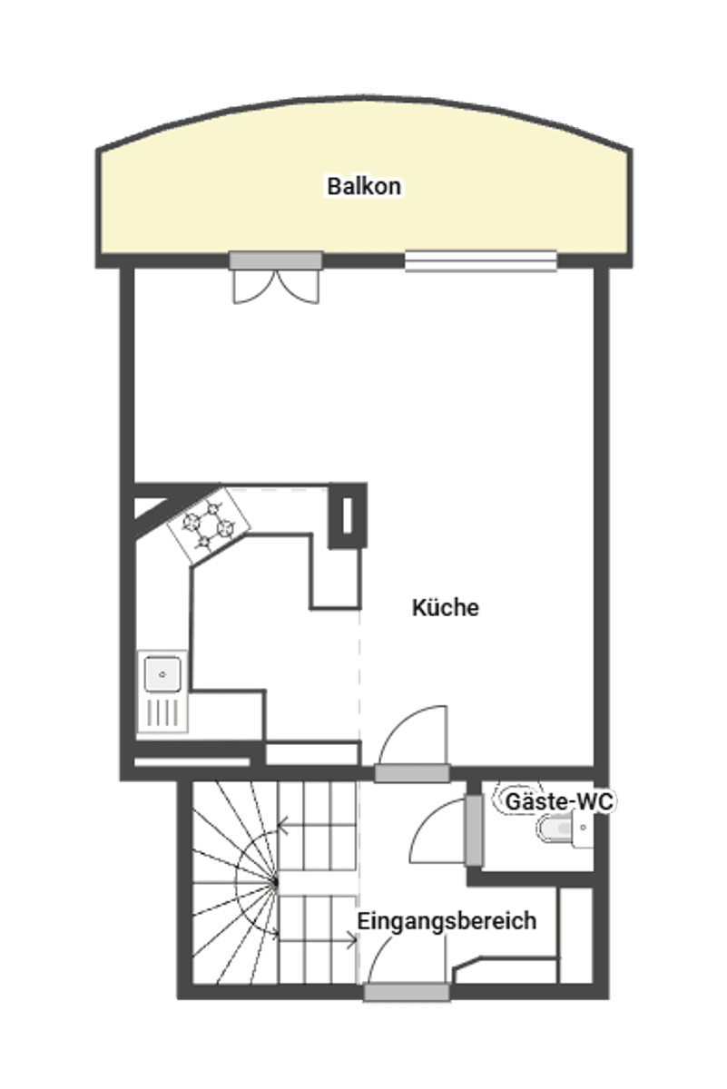 Grundriss des Erdgeschosses mit Küche, Gäste-WC, Eingangsbereich und Balkonzugang.