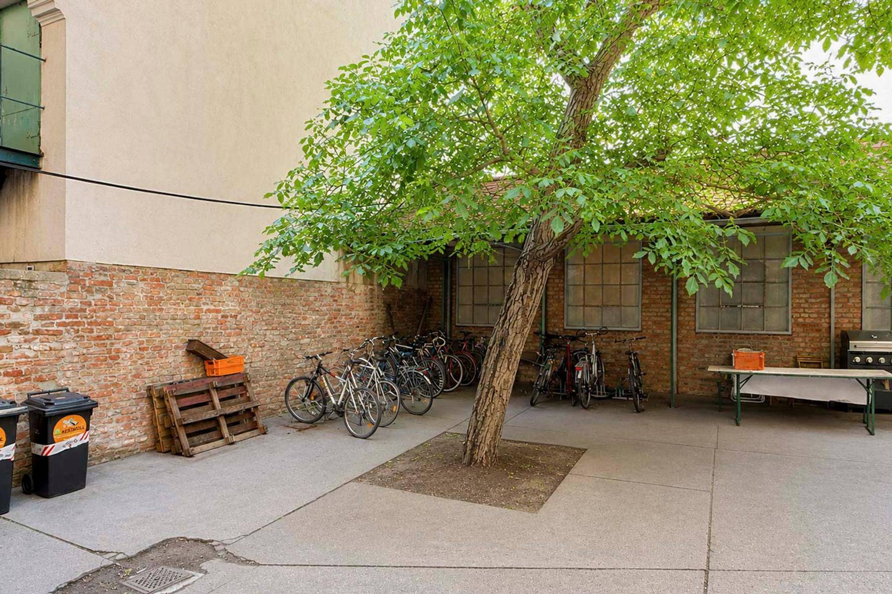 Begrünter Innenhof mit Fahrradabstellplätzen, einem Baum und Ziegelwänden.