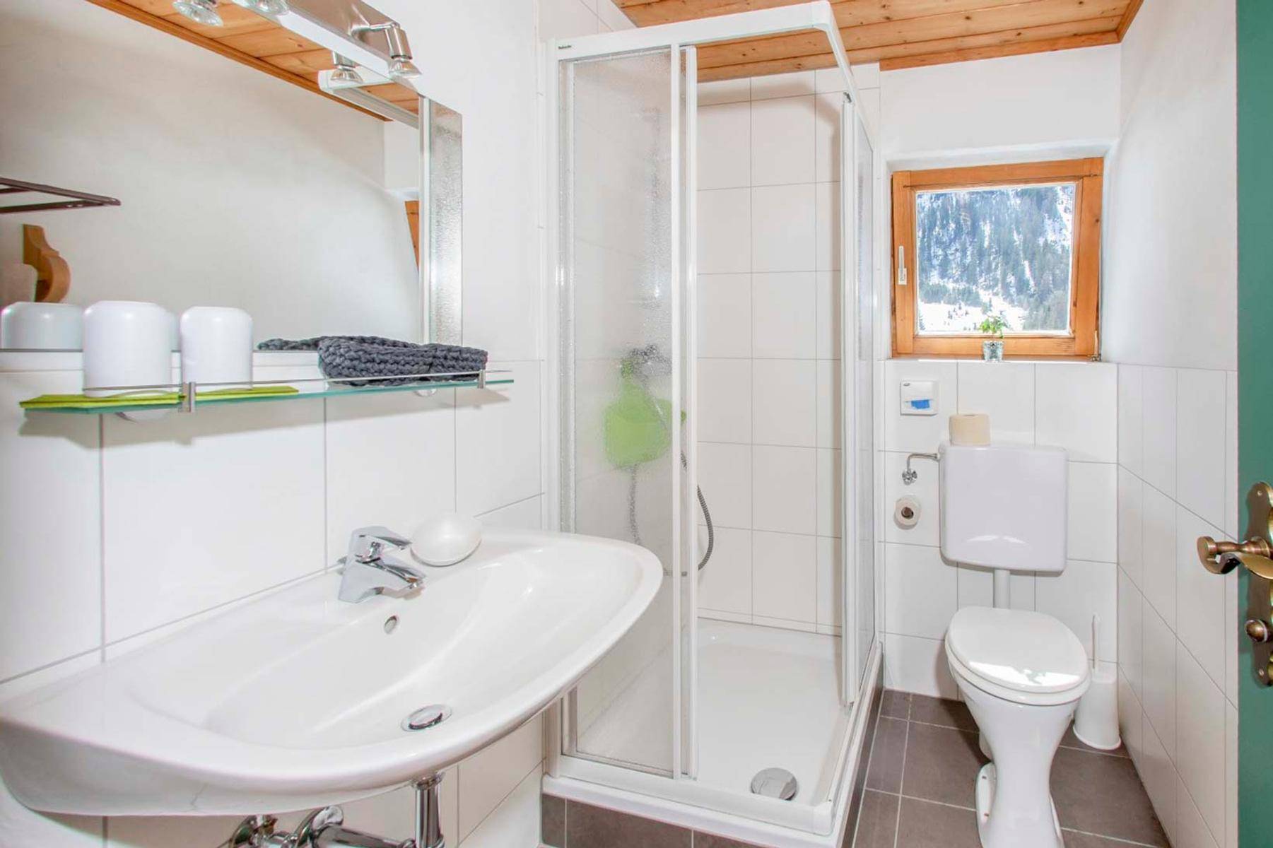 Modernes Badezimmer mit Dusche, WC, Waschbecken und einem Fenster mit Blick auf die Berglandschaft.