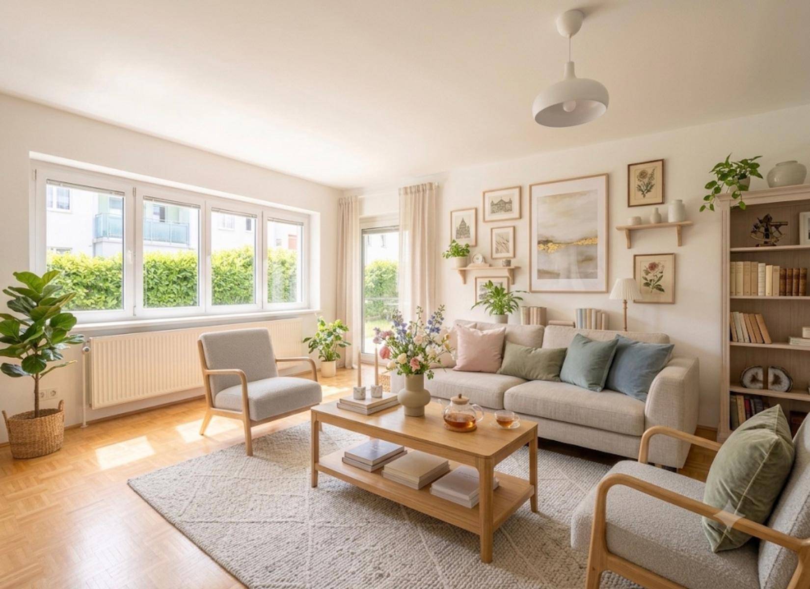 Helles Wohnzimmer mit Parkettboden, großen Fenstern und moderner Dekoration, lichtdurchflutet und einladend.