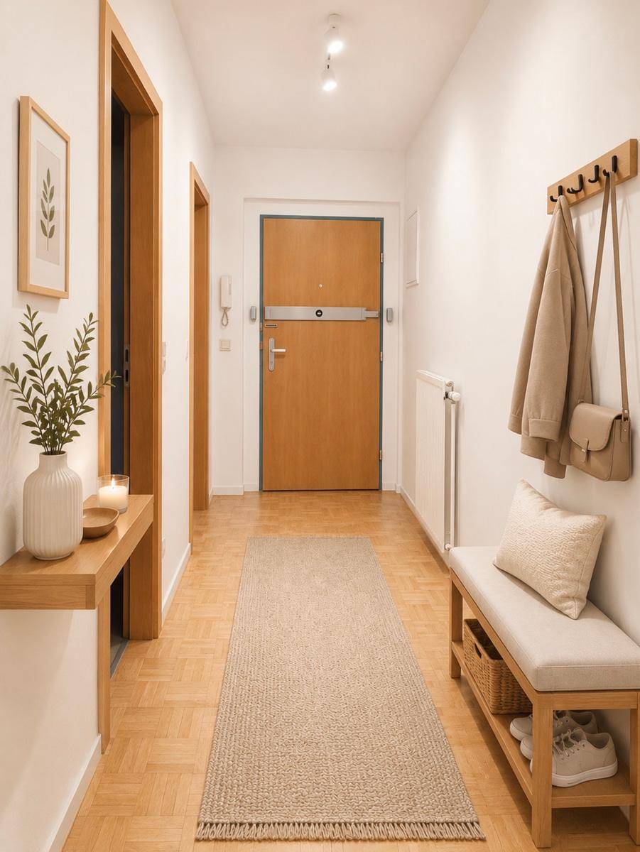 Einladender Eingangsbereich mit Parkettboden, Garderobe und Sitzbank, praktisch und stilvoll gestaltet.