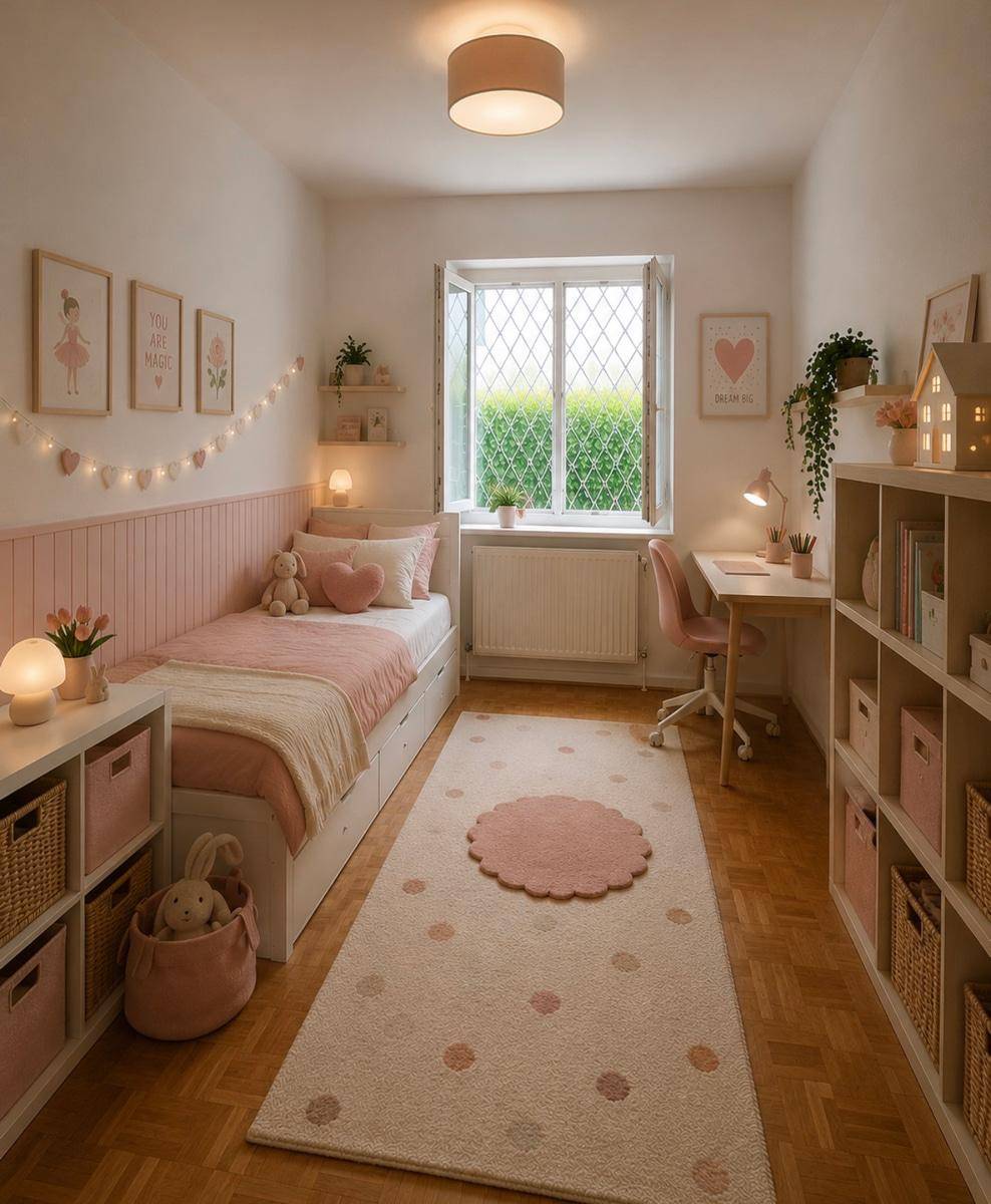 Kinderzimmer in zarten Rosatönen mit Parkettboden, Schreibtisch und viel Stauraum, liebevoll eingerichtet.