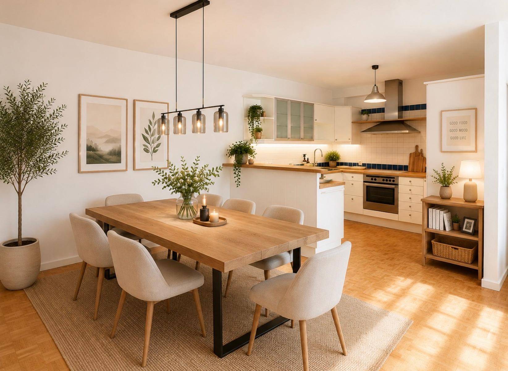 Moderner offener Wohn- und Essbereich mit Holztisch und integrierter Küche, perfekt für Familienleben.