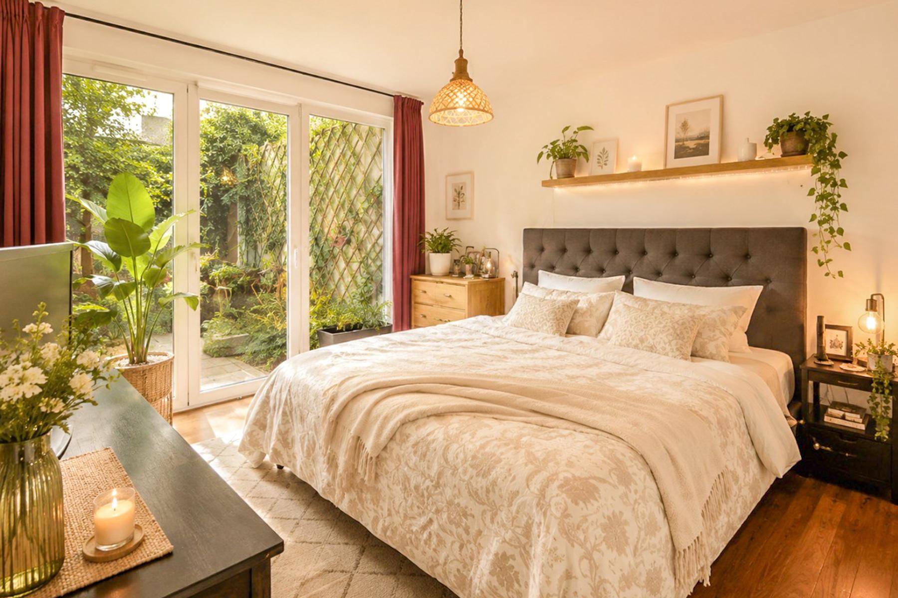 Helles Schlafzimmer mit großem Bett, Holzboden und direktem Zugang zum grünen Gartenbereich.