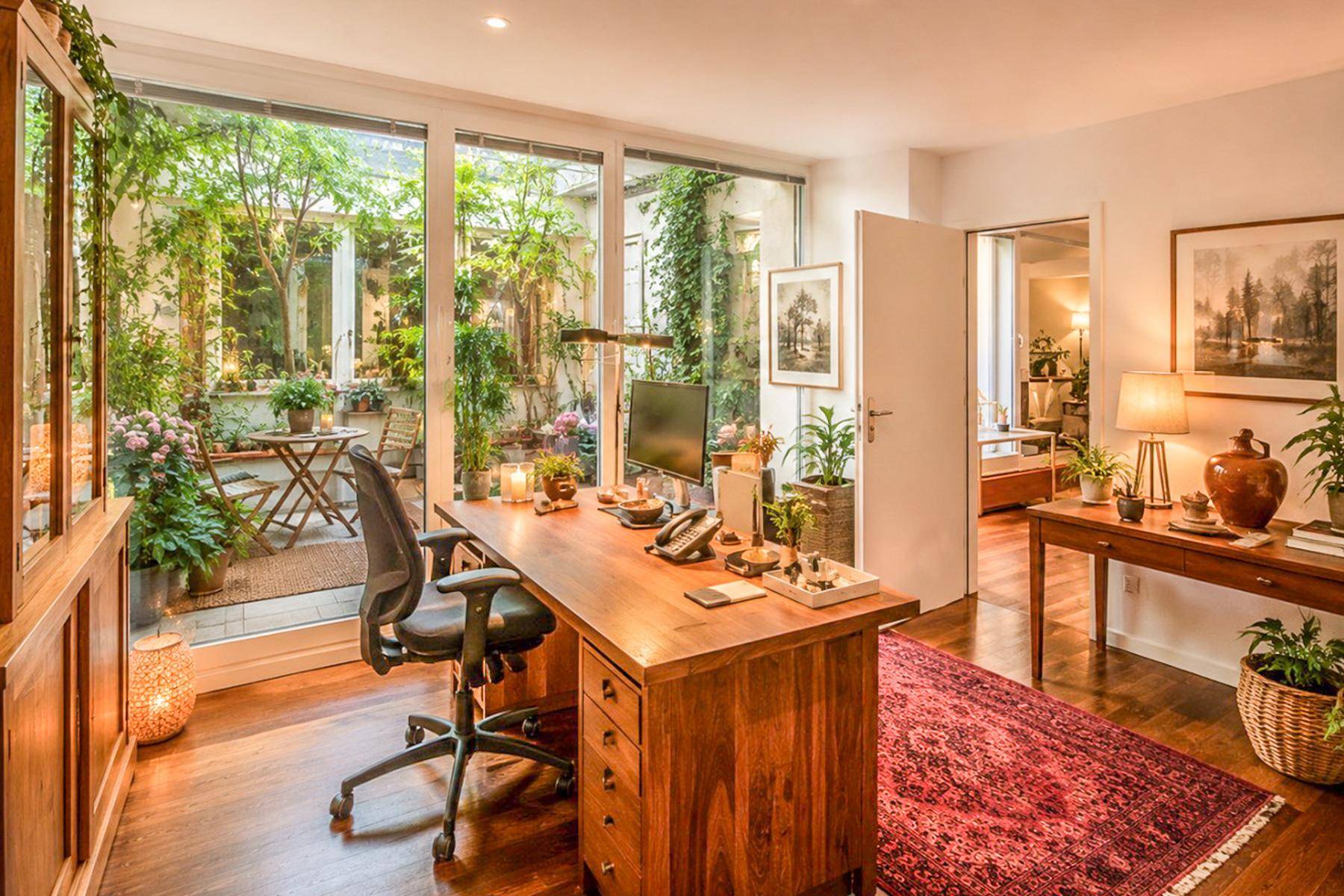 Elegantes Heimbüro mit großem Holzschreibtisch und Blick auf den begrünten Innenhof.