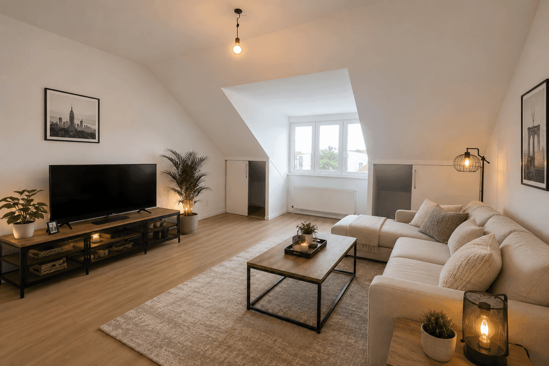 Modern eingerichtetes Wohnzimmer im Dachgeschoss mit gemütlichem Sofa, Fernseher und schrägen Decken.