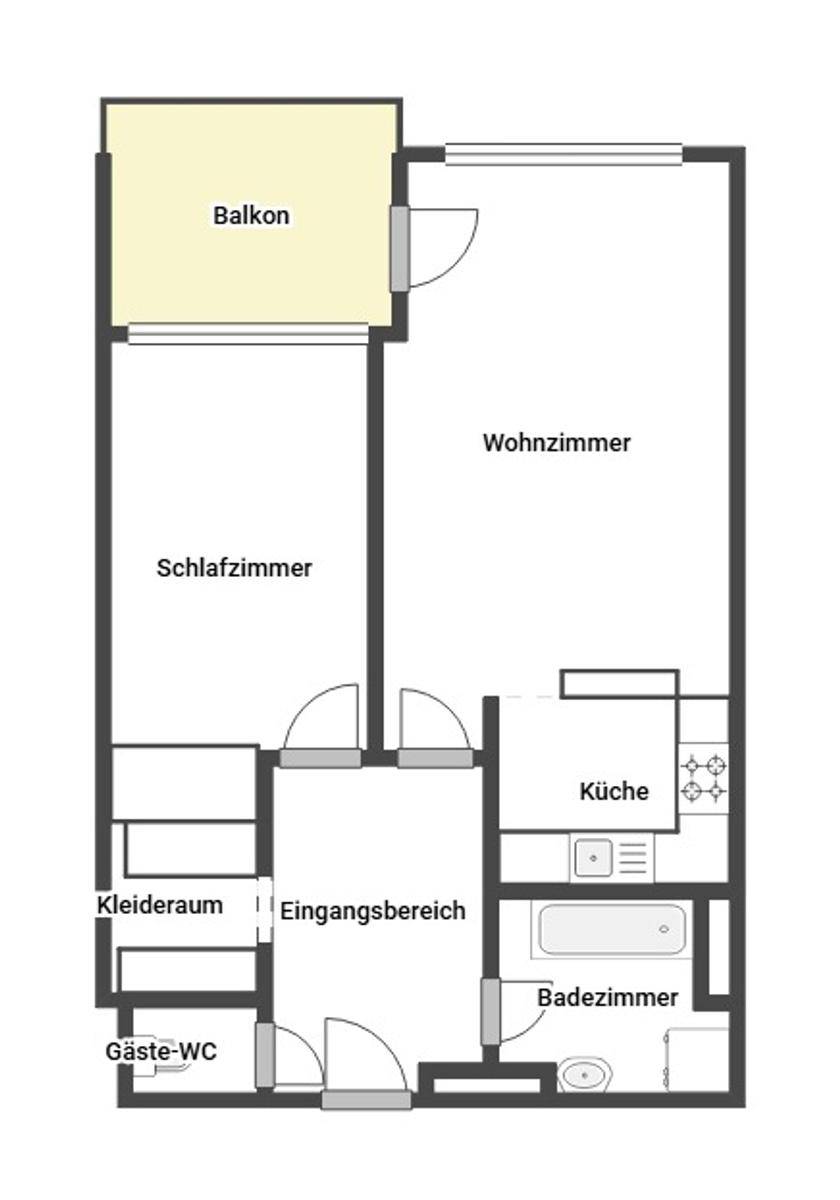 Grundriss einer Wohnung mit Balkon, Wohnzimmer, Schlafzimmer, Küche und separatem Gäste-WC.