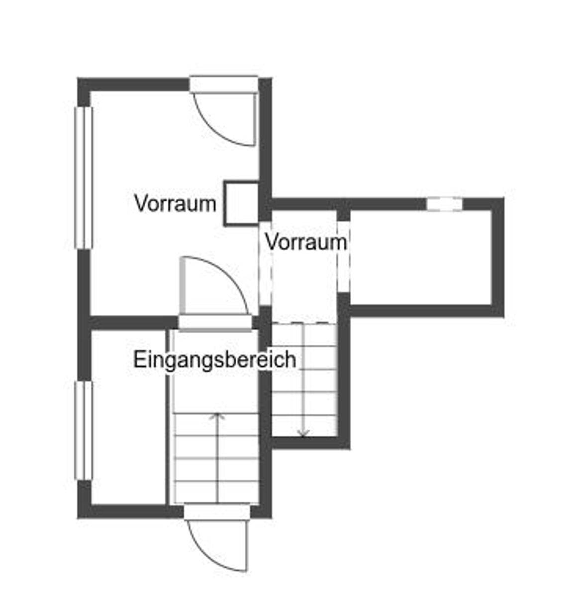Grundriss des Eingangsbereichs mit Treppe und zwei Vorräumen.