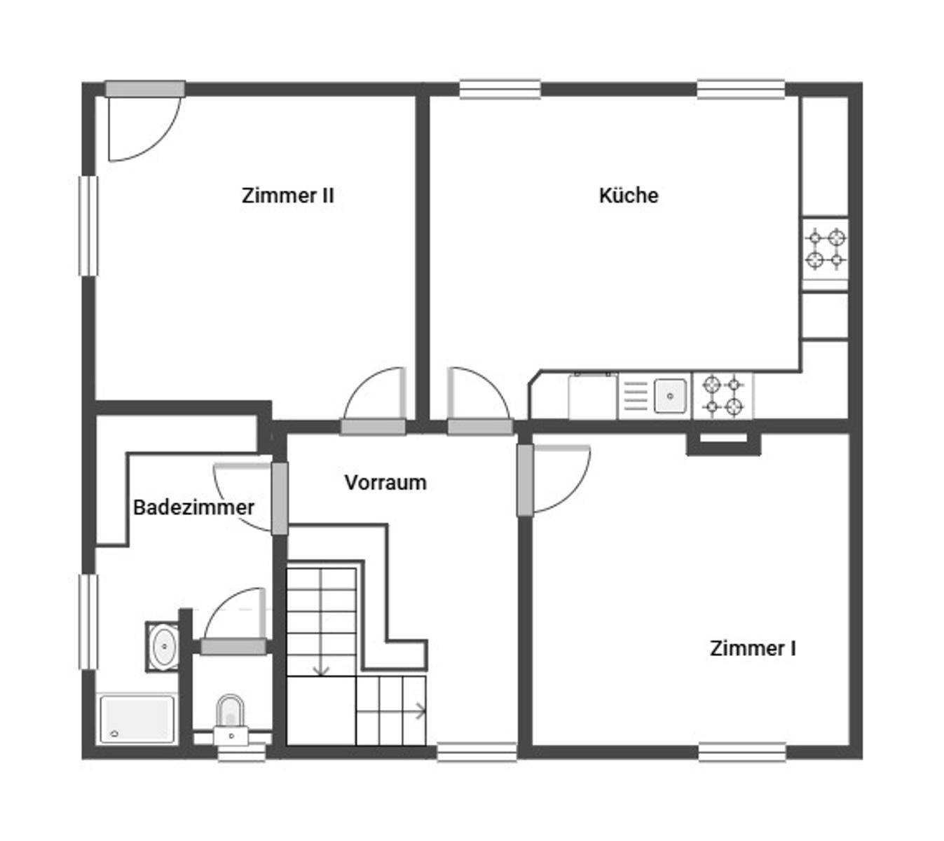 Grundriss einer Etage mit Küche, Bad, zwei Zimmern und Vorraum.
