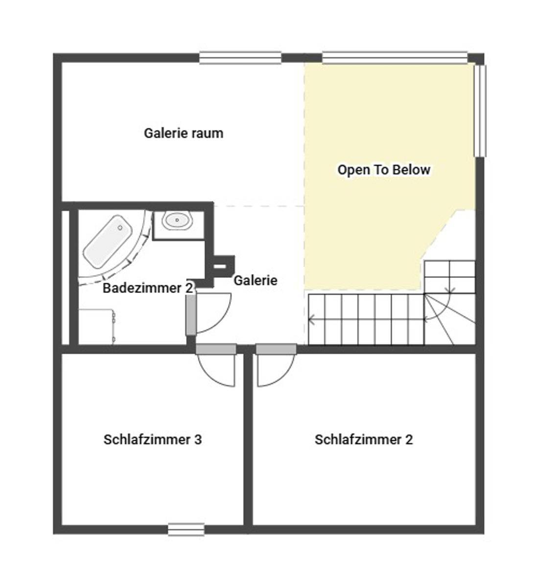 Grundriss des Obergeschosses mit Schlafzimmern, Bad und Galeriebereich.