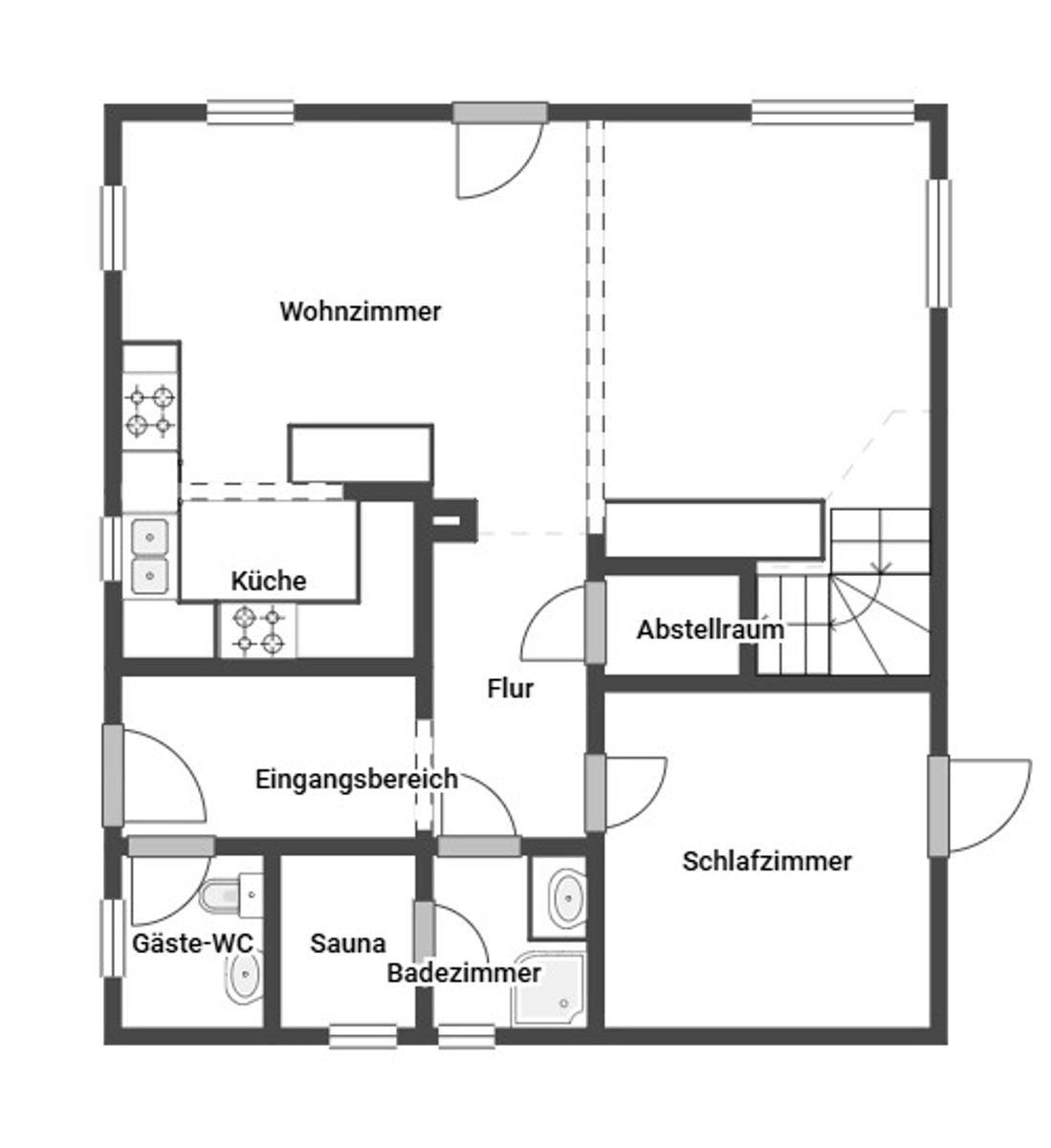 Grundriss des Erdgeschosses mit Wohnzimmer, Küche, Bad und Sauna.