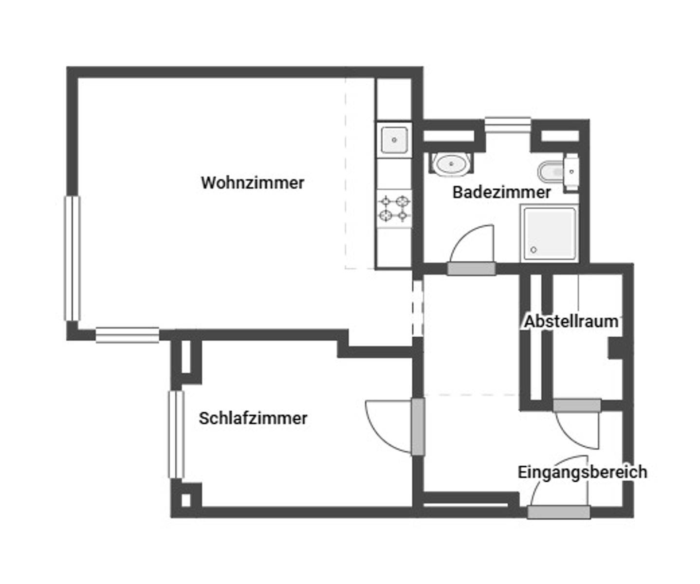 Grundriss der Wohnung mit Wohnzimmer, Schlafzimmer, Bad und Abstellraum.