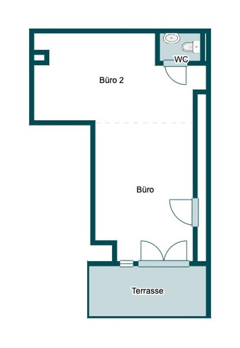 Grundriss für ein Büro mit separatem WC und direktem Zugang zur Terrasse.