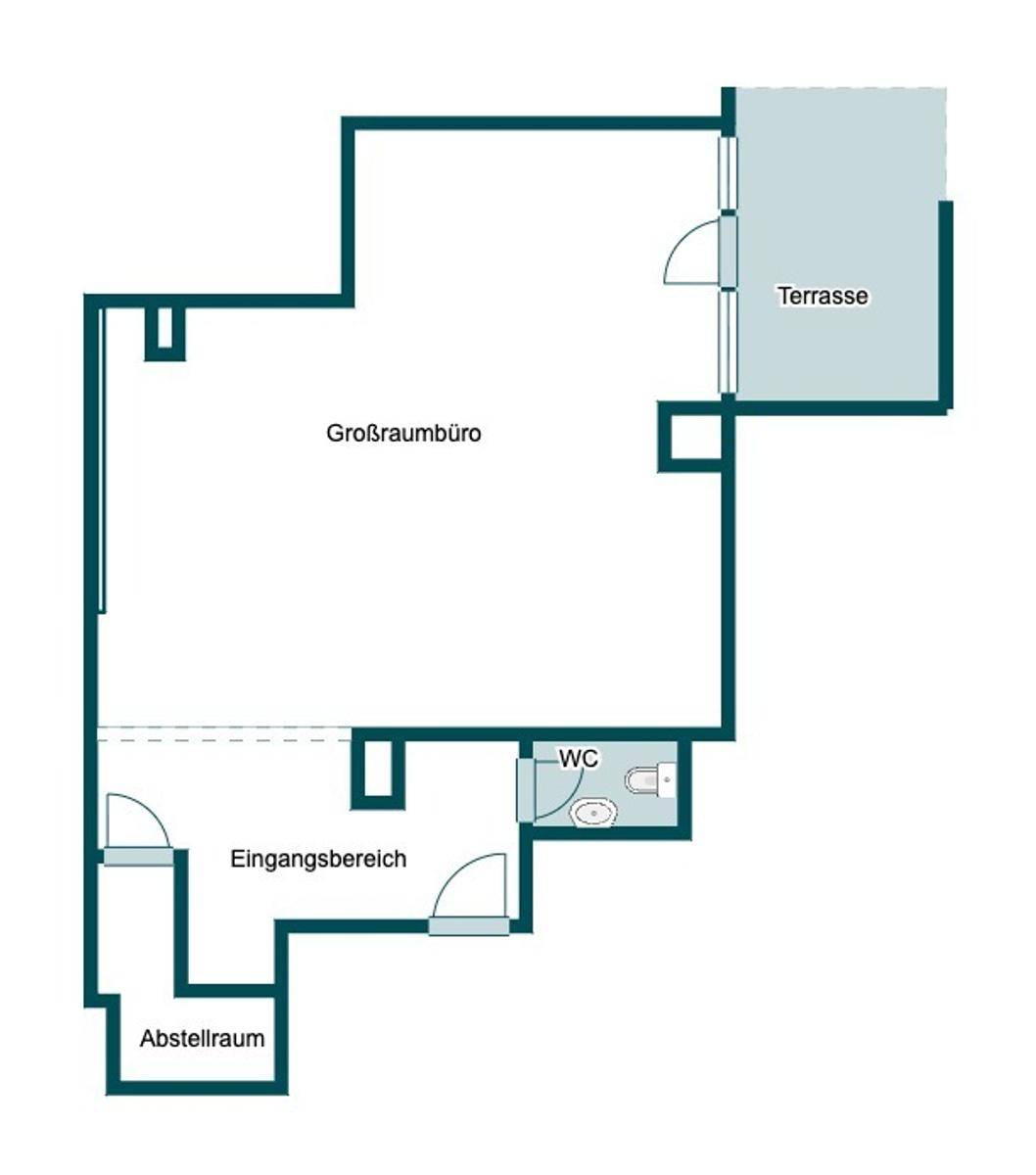 Grundriss für ein Großraumbüro mit Eingangsbereich, Abstellraum und Terrasse.