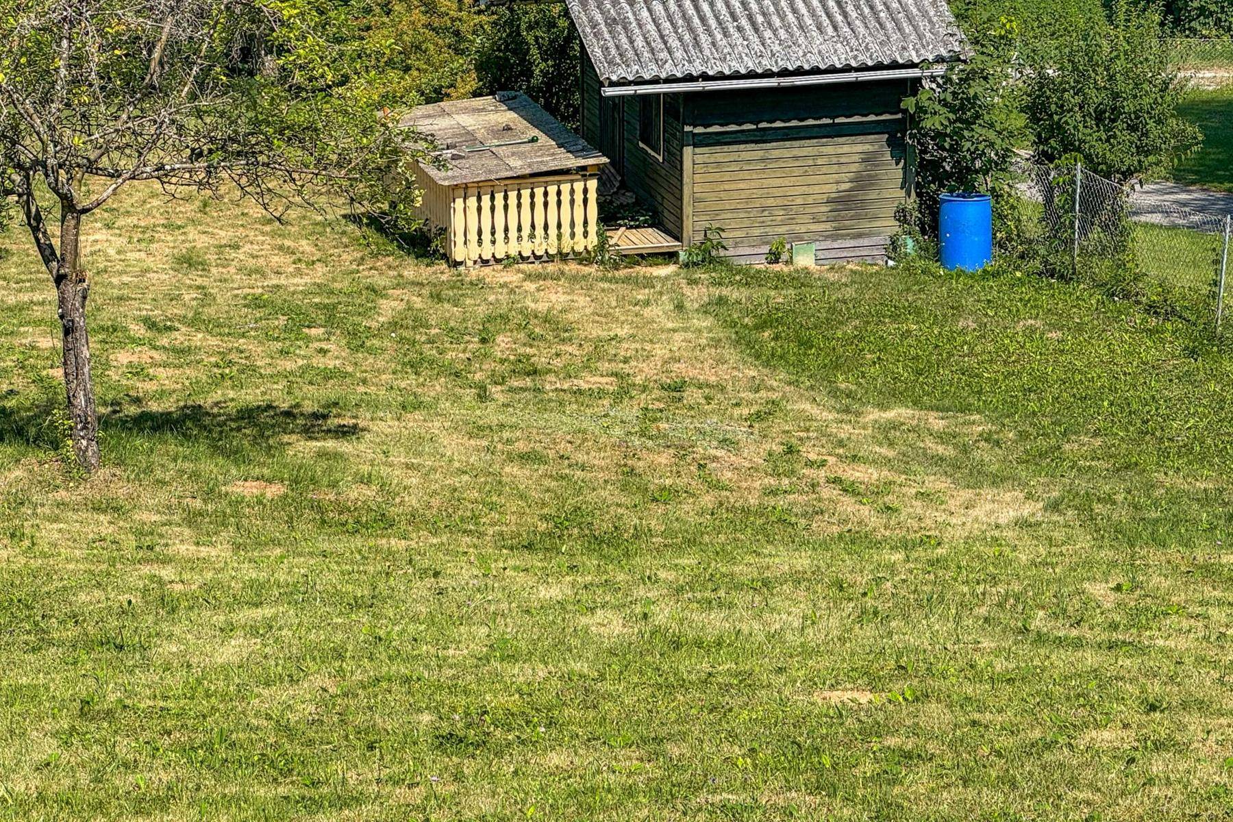 Gepflegter Gartenbereich mit einem kleinen Holzschuppen, einem Baum und einer blauen Regentonne.