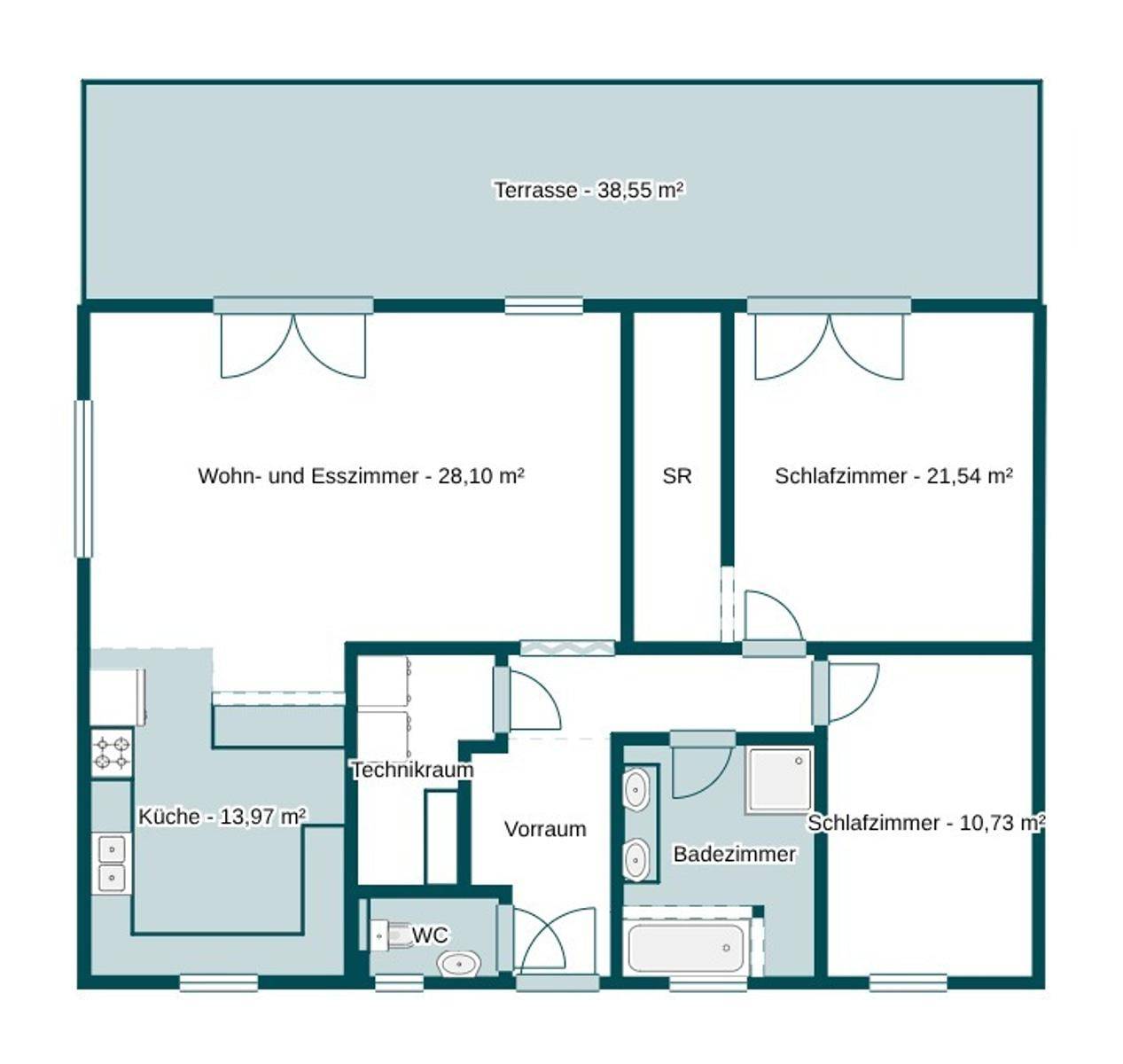 Grundriss des Hauses mit Wohn-Esszimmer, Küche, Schlafzimmern und großer Terrasse.