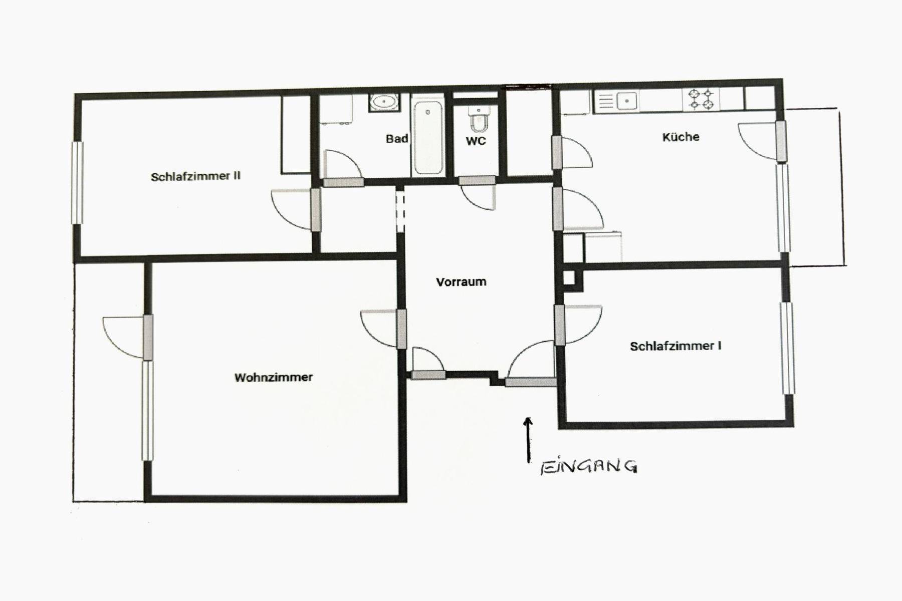 Grundriss der Wohnung mit zwei Schlafzimmern, Wohnzimmer, Küche und Bad.