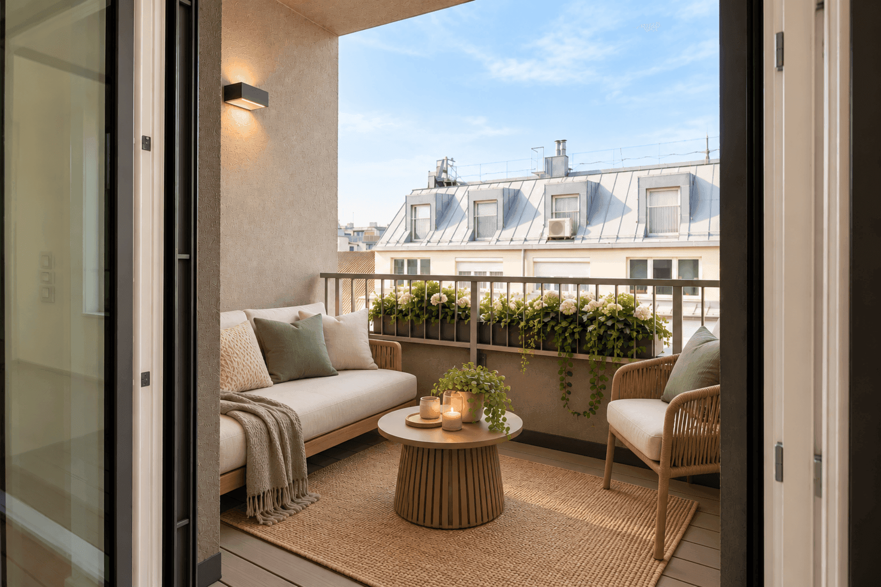 Gemütlicher Balkon mit modernen Outdoor-Möbeln, Pflanzen und Blick über die Dächer der Stadt.