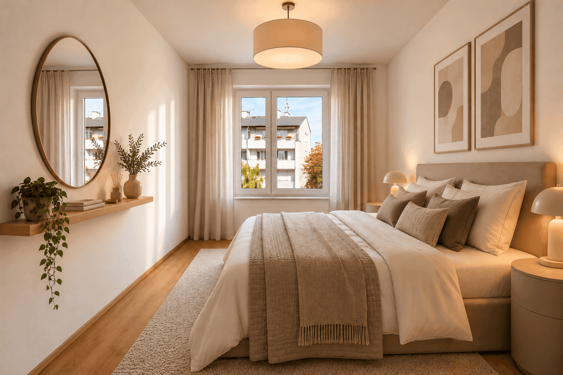 Gemütliches Schlafzimmer mit großem Bett, Holzboden und einem Fenster mit Blick ins Grüne.