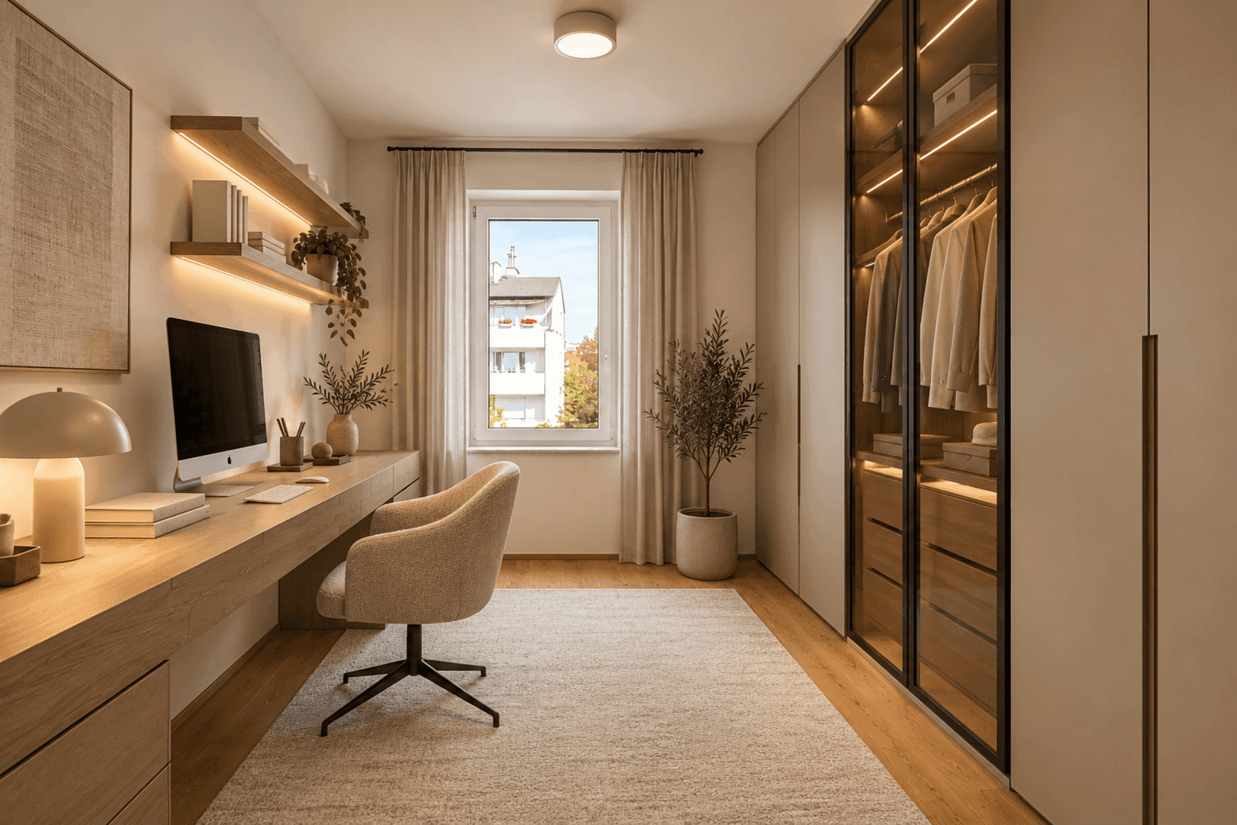 Modernes Arbeitszimmer mit Schreibtisch, Teppichboden und einem eleganten Einbauschrank mit Glasfronten.
