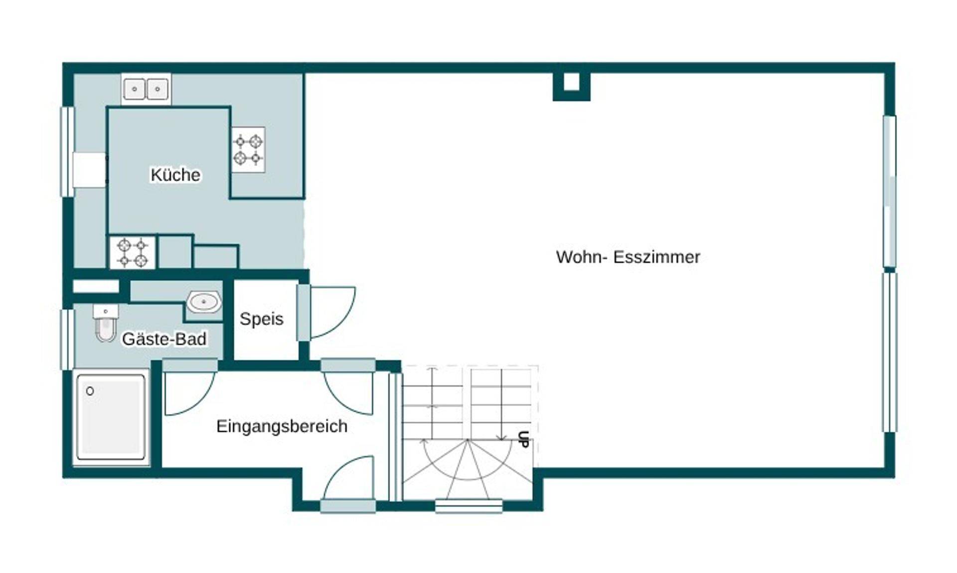 Grundriss des Erdgeschosses mit offener Küche, Wohn-Esszimmer und Gäste-Bad.