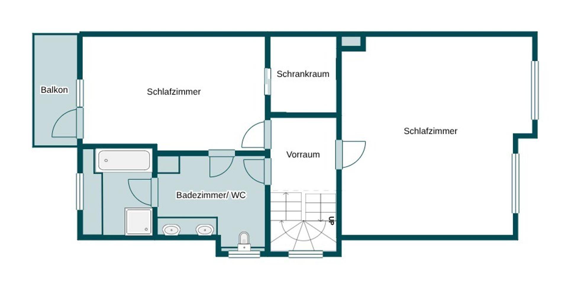 Grundriss des Obergeschosses mit zwei Schlafzimmern, Badezimmer und Balkon.