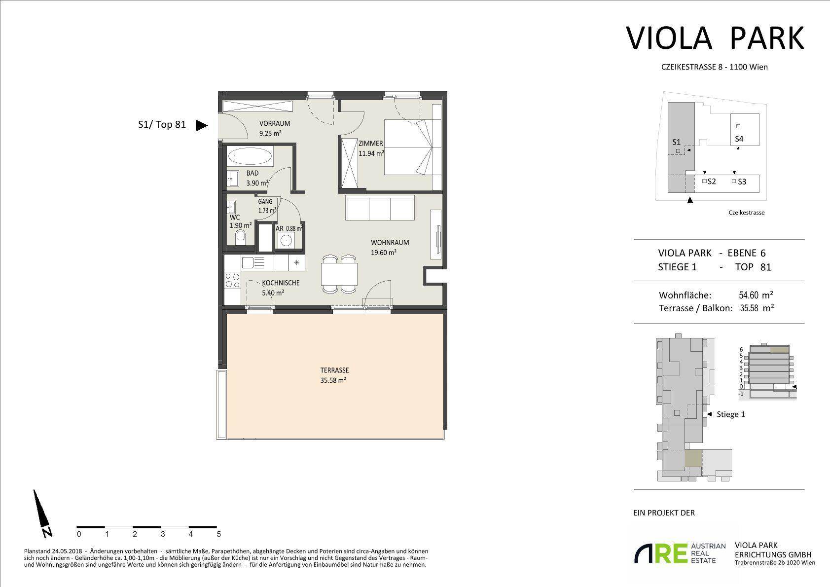 Grundriss einer Wohnung mit Wohnraum, Schlafzimmer, Bad, WC und großer Terrasse.
