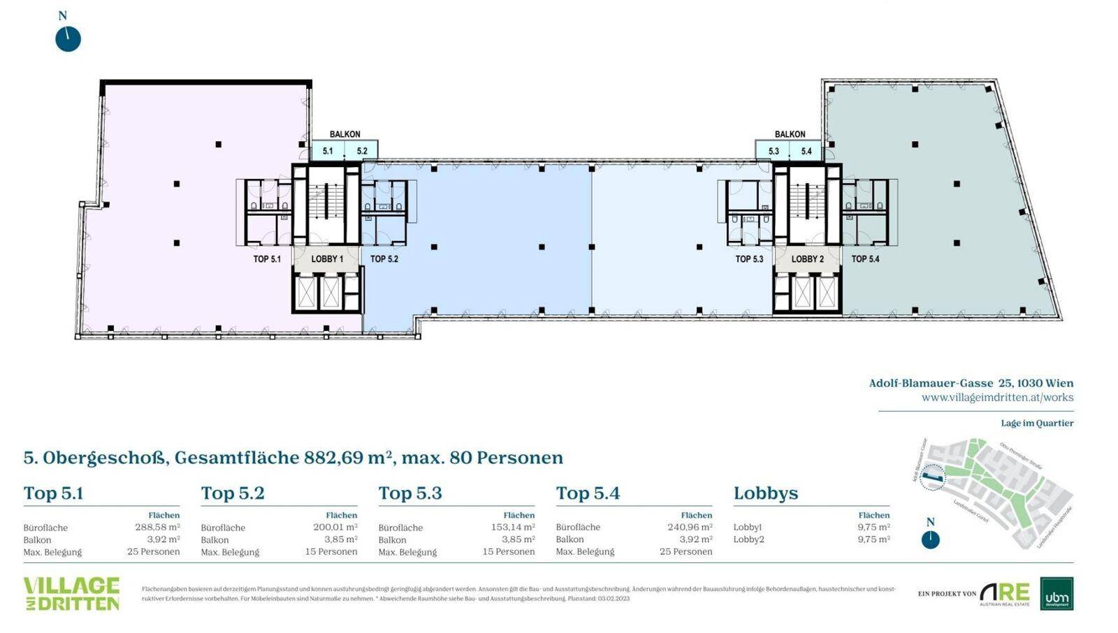 Grundriss des 5. Obergeschosses mit Balkonen und flexiblen Büroflächen für moderne Arbeitskonzepte.