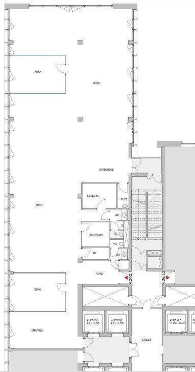 Detaillierter Grundriss eines Bürogeschosses mit Empfangsbereich, flexiblen Büros und mehreren Sanitäranlagen sowie Aufzügen.