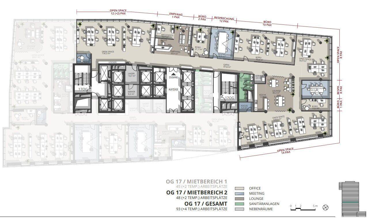 Detaillierter Büro-Grundriss für das OG 17, der den Mietbereich 2 mit Büros, Besprechungsräumen und Lounge-Bereichen darstellt.