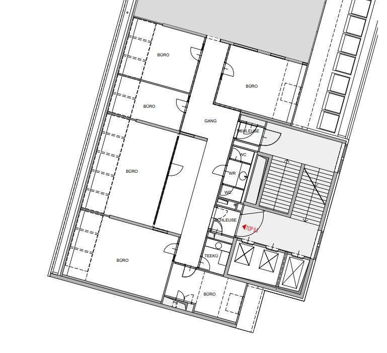 Grundrissplan einer Büroetage mit mehreren Büroräumen, Teeküche und Sanitäranlagen.