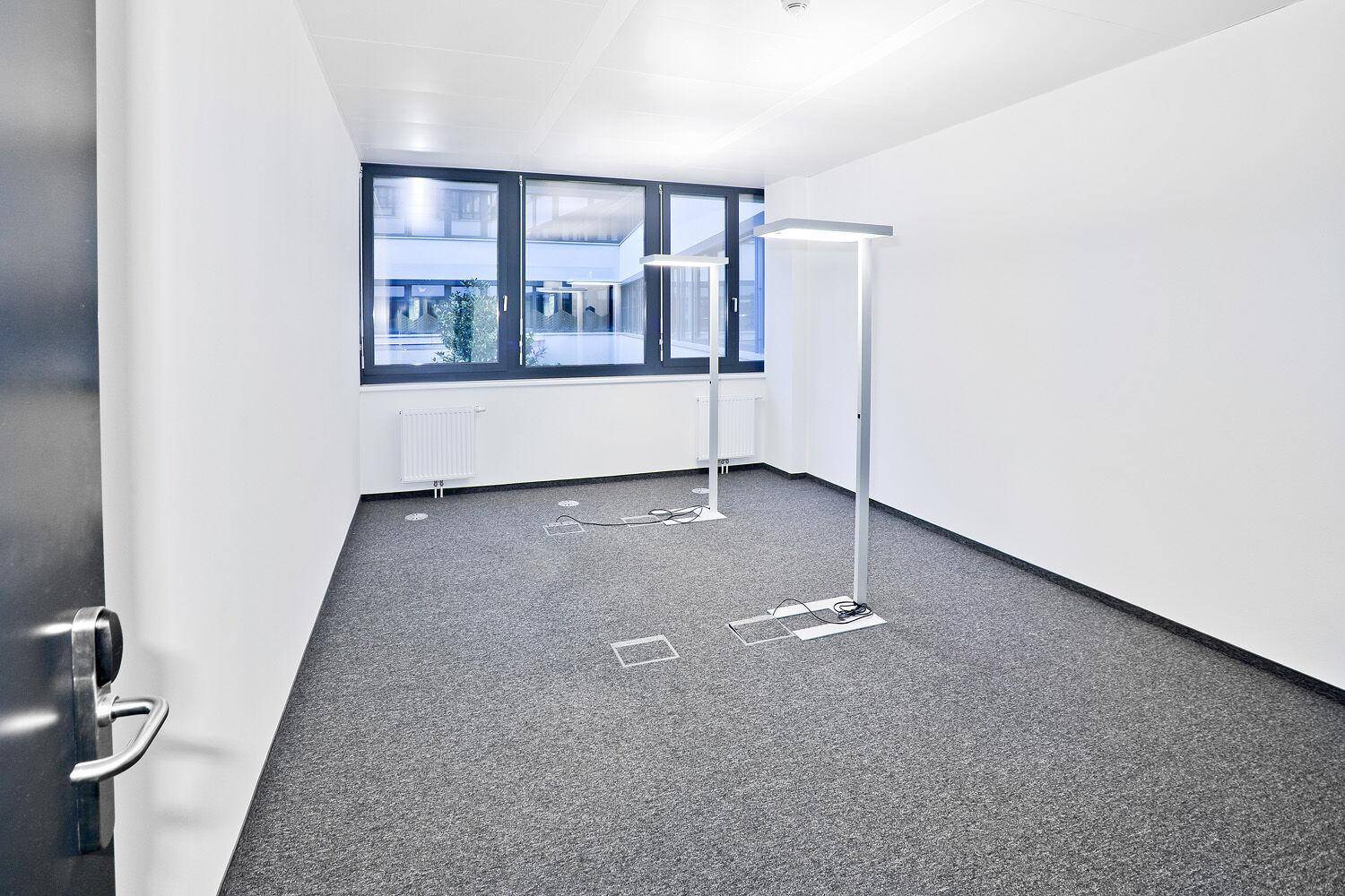 Leeres, helles Büro mit großen Fenstern, Teppichboden und flexiblen Stehleuchten.