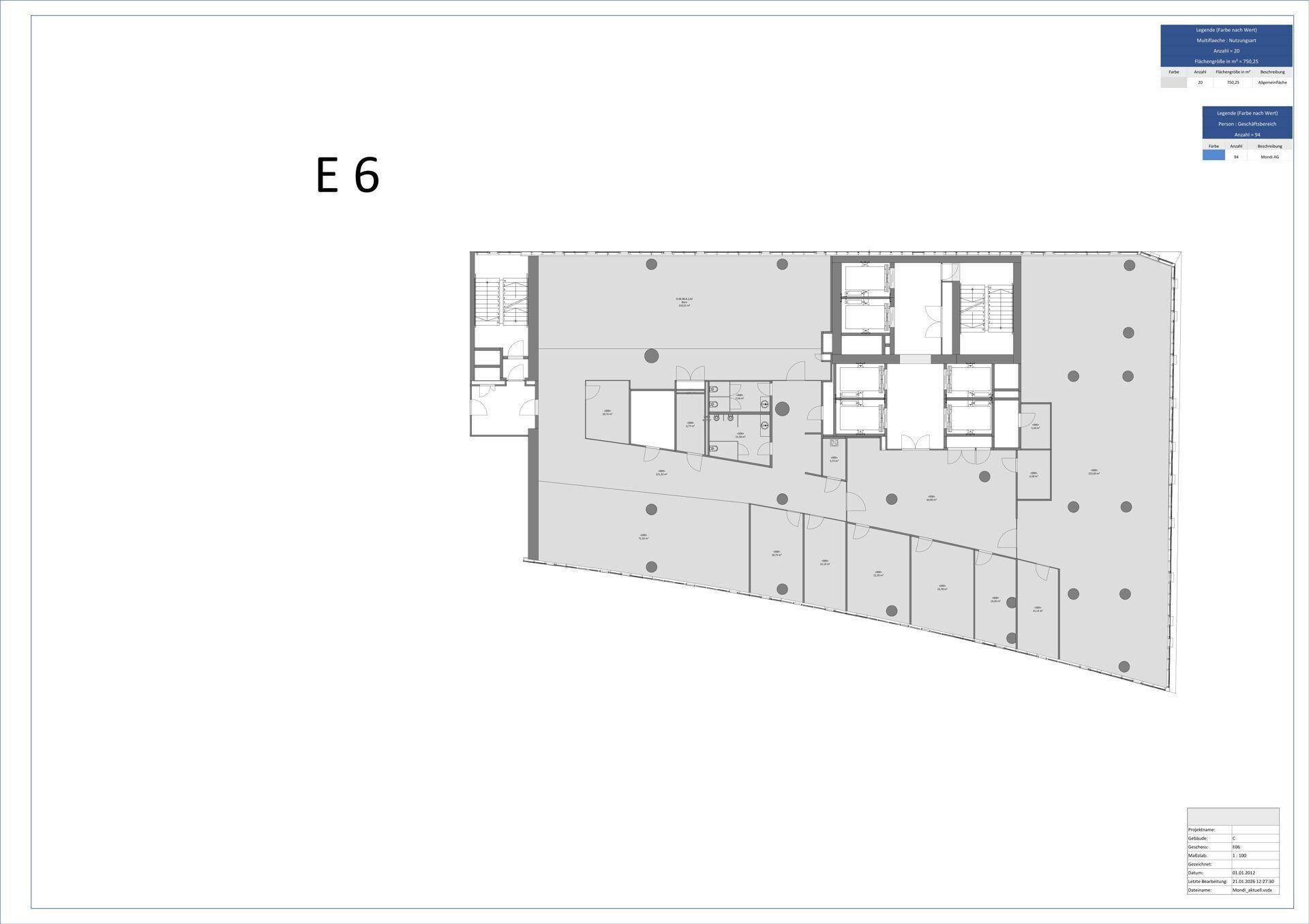 Grundriss des sechsten Stockwerks mit einer effizienten Aufteilung für Büroräume und Gemeinschaftsbereiche.