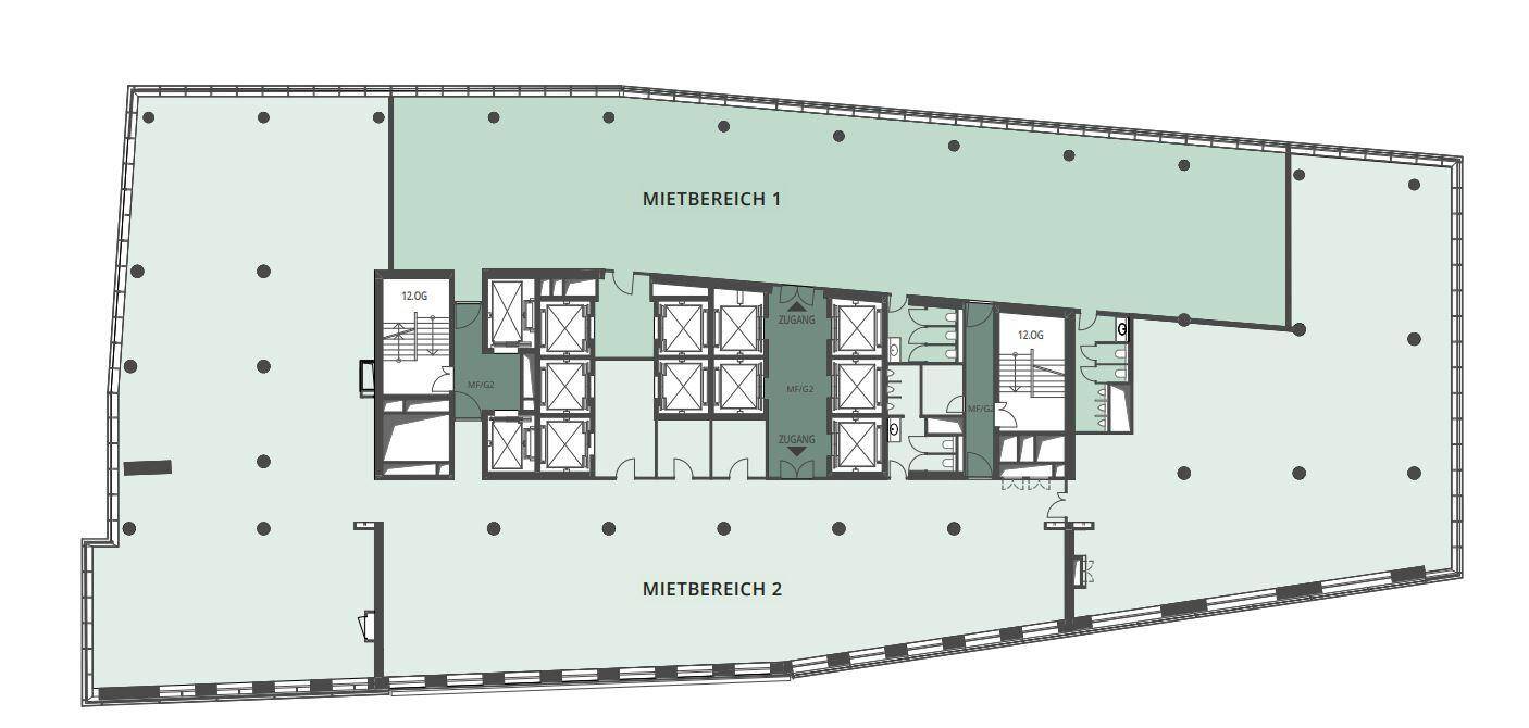 Grundriss eines Bürogebäudes, der zwei große Mietbereiche und einen zentralen Kern mit Aufzügen und Treppen zeigt.