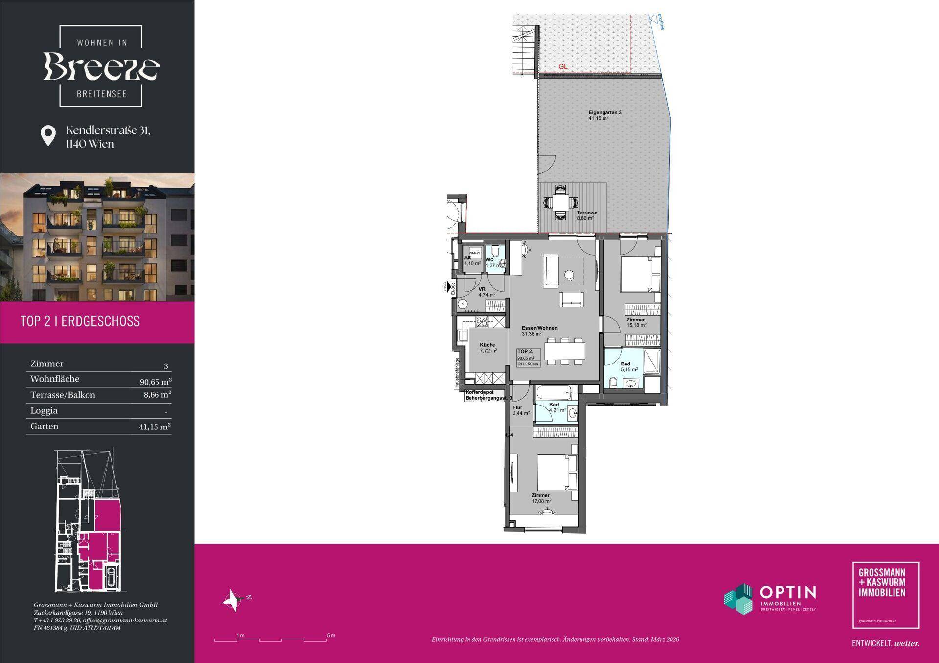 Grundriss einer Erdgeschosswohnung mit offenem Wohnbereich, zwei Schlafzimmern, Terrasse und privatem Garten.