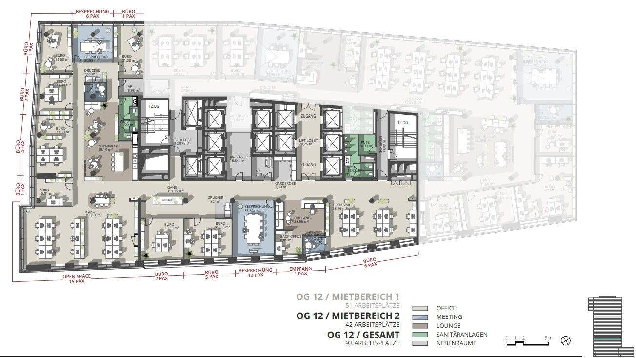 Detaillierter Büro-Grundriss für das OG 12 mit verschiedenen Arbeitsbereichen, Besprechungsräumen und Sanitäranlagen.