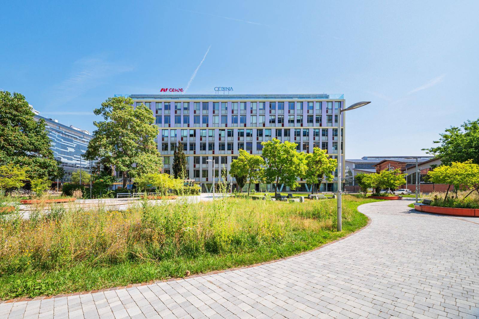 Modernes Bürogebäude mit vielen Fenstern, umgeben von Grünflächen und Bäumen an einem sonnigen Tag.
