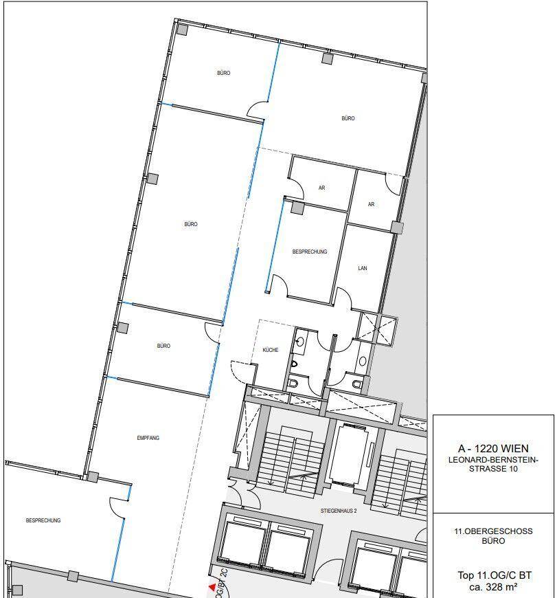 Grundriss des 11. Obergeschosses mit Büros, Besprechungsräumen, Küche und Empfangsbereich.