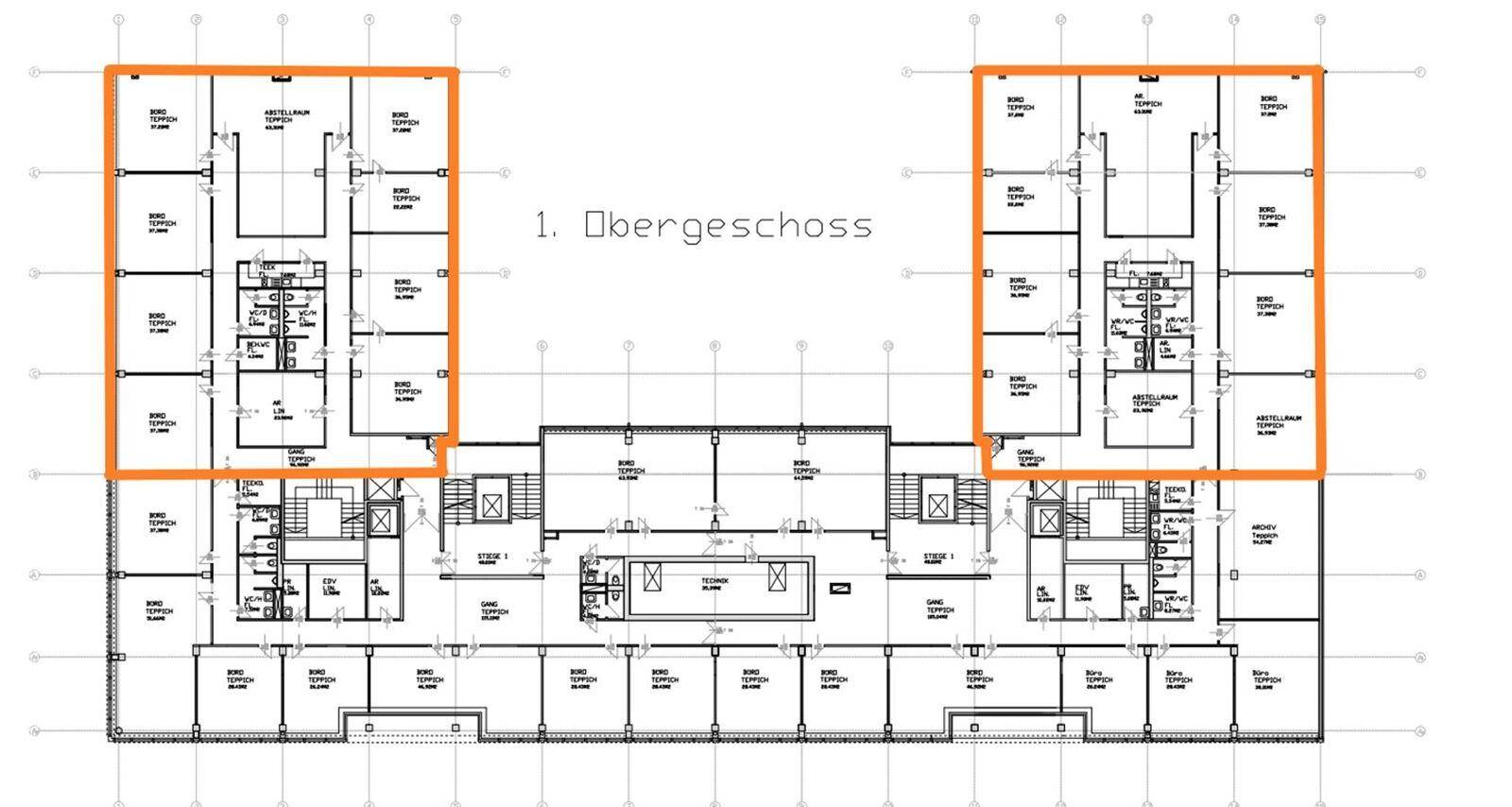Grundriss des ersten Obergeschosses mit mehreren Büroeinheiten und hervorgehobenen Bereichen.