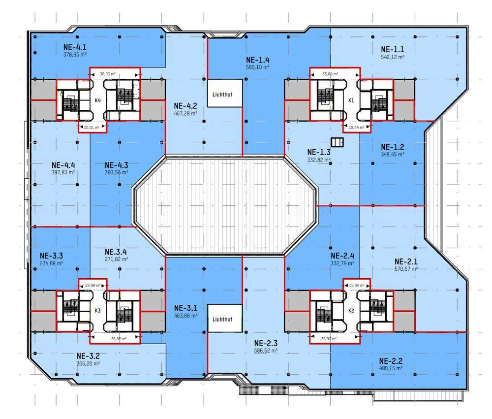 Grundriss eines Bürogeschosses mit Flächenangaben in Quadratmetern und Kennzeichnung der Mieteinheiten, ideal für die Raumplanung.