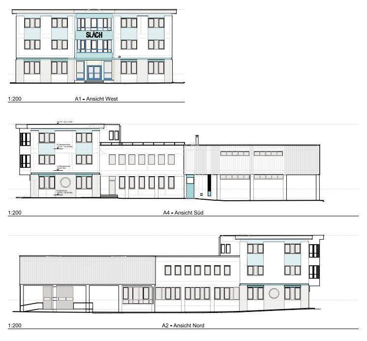 Architektonische Ansichten des Gebäudes von verschiedenen Seiten, zeigen die moderne Fassadengestaltung.