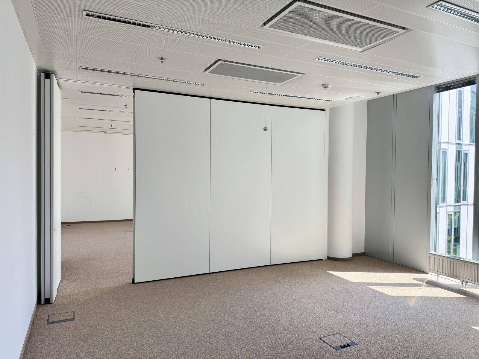 Helles, leeres Büro mit Teppichboden, flexiblen Trennwänden und großen Fenstern für viel Tageslicht.