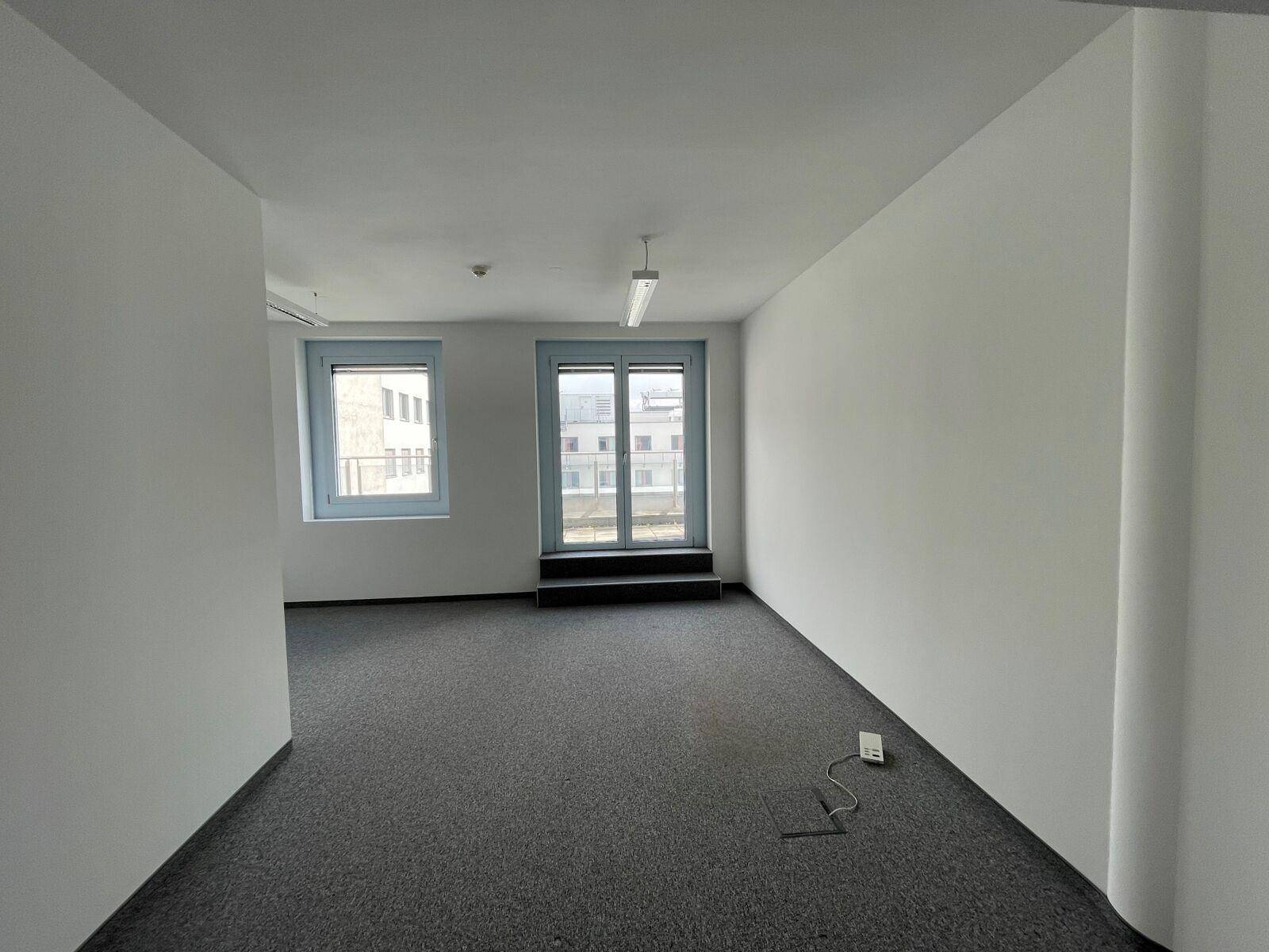 Leerer Büroraum mit Teppichboden, weißen Wänden und zwei Fenstern, eines davon mit Zugang nach draußen.