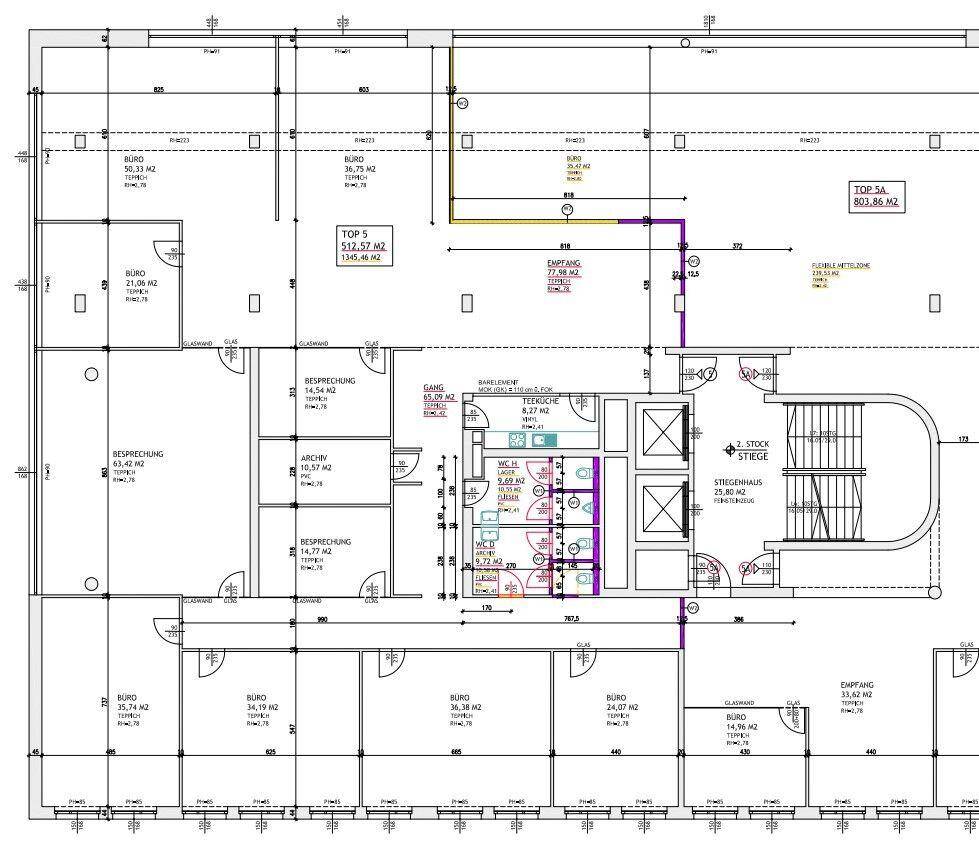 Büro-Grundriss mit Flächenangaben und Raumbezeichnungen für verschiedene Büros und Besprechungsräume.