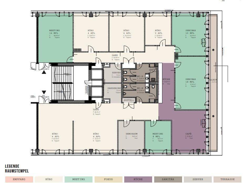 Übersichtlicher Grundriss mit Büros, Seminarräumen, Küche und Sanitärbereichen auf einer Etage.