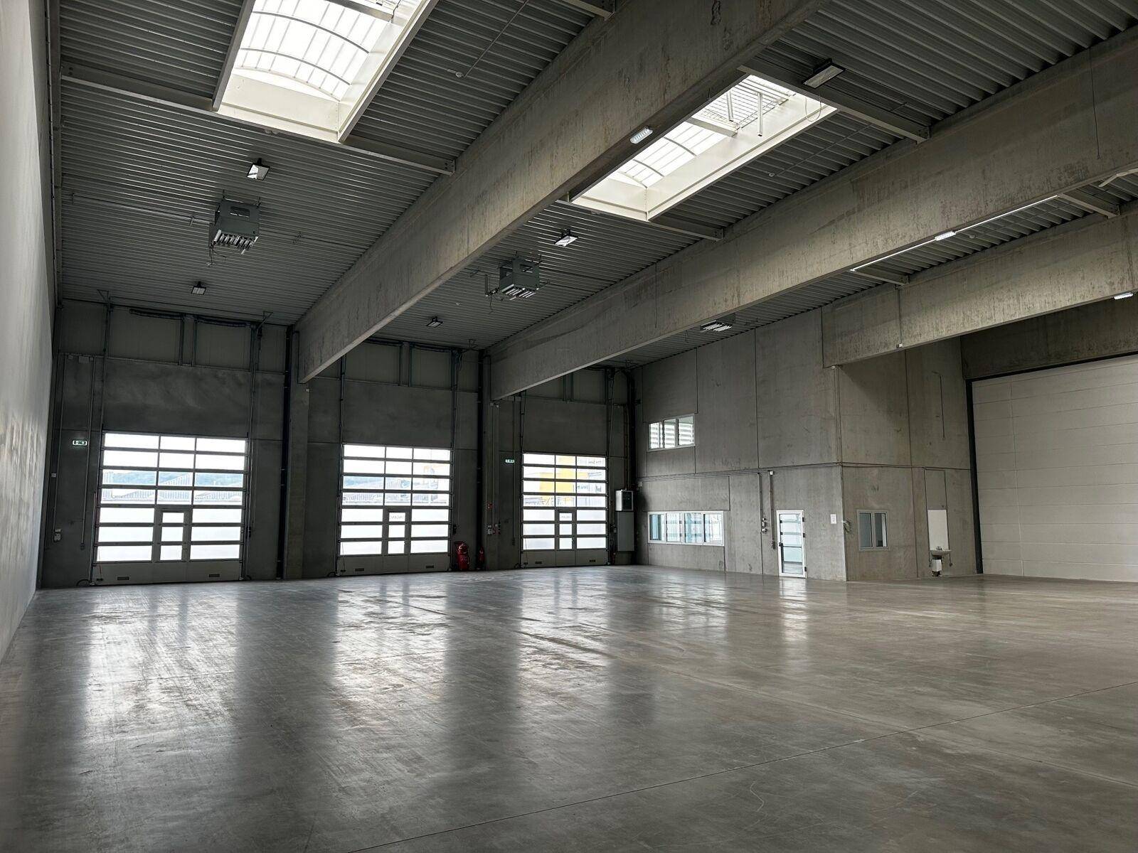 Geräumige Lagerhalle mit hohen Decken, Betonboden und mehreren Rolltoren für LKW-Zugang.